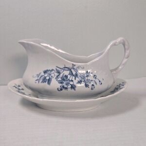 Antique Severn Gravy Boat with Underplate Blue Floral Ceramic Serving